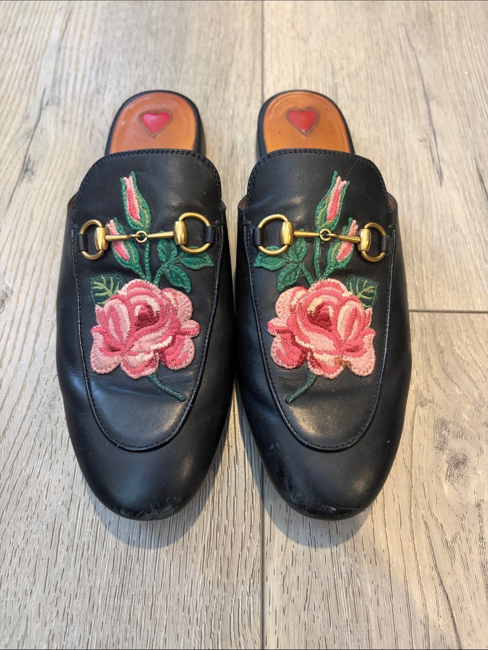 Gucci Black Leather Rose Embroidered Horsebit Mules pricetown